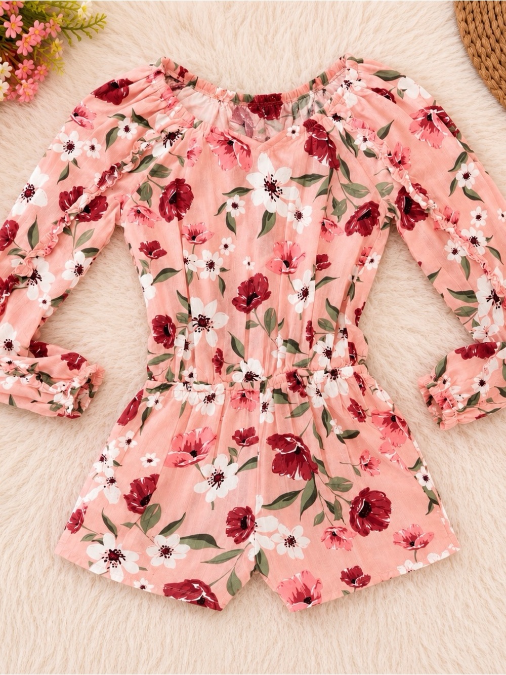 The Children’s Place Girls Floral Long Sleeve Romper Size 5/6 Pink Boho